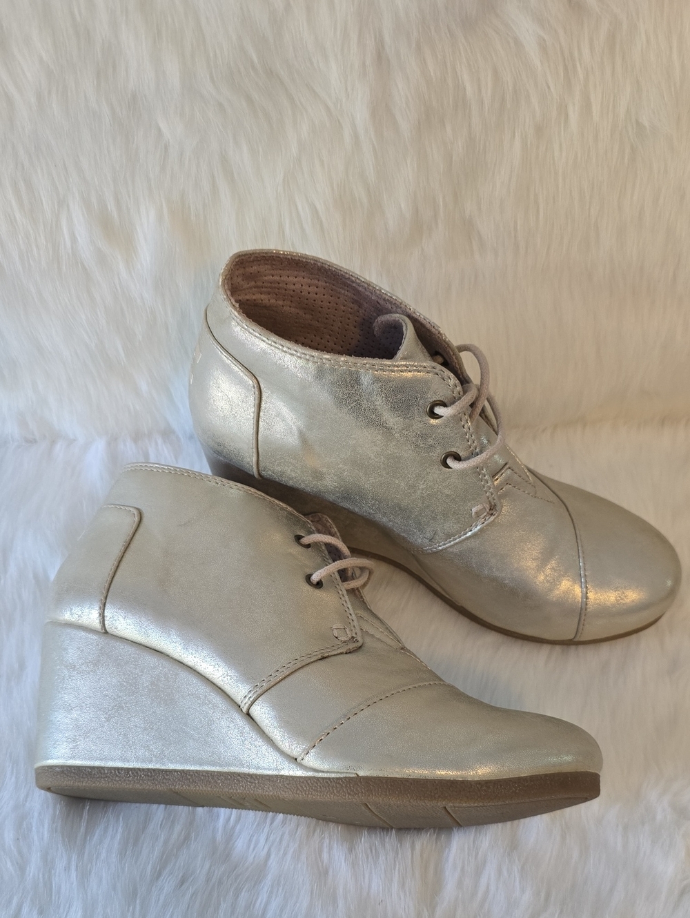 Toms Metallic Lace-Up Wedge Ankle Shoes - Silver